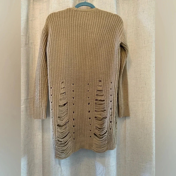 Arizona Jean Co. Size S Open Long Cardigan. Tan with distressed design. - Picture 2 of 5